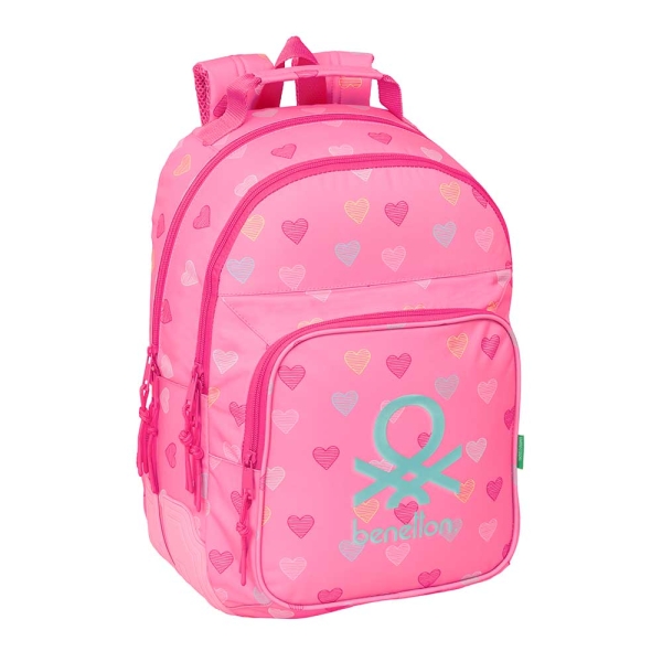 Safta Benetton Heart Mochila con 2 Compartimentos - Antirozaduras - Adaptable a Carro - Bolsillo Frontal - Portabotellas - Tirador Doble - Hombreras Ergonomicas - 20L - 320x150x420mm - Color Rosa