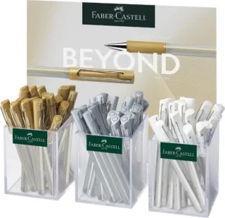 Faber-Castell Artsy Beyond Expositor con 60 Boligrafos de Tinta Gel - Punta de 1mm - Trazo de 0.6mm - Zona de Agarre Engomada - Colores Oro, Plata y Blanco