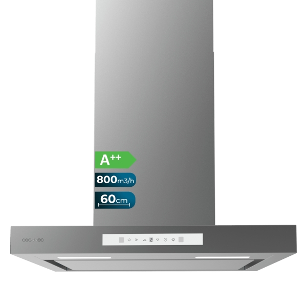 Cecotec Bolero Flux TT 608000 Slim Glass White A++ Campana Extractora de 60cm - 210W - Succion 800m3/h - Luz LED - Pantalla LED - Incluye Accesorios - Acero Inoxidable - Filtros de Carbono -
