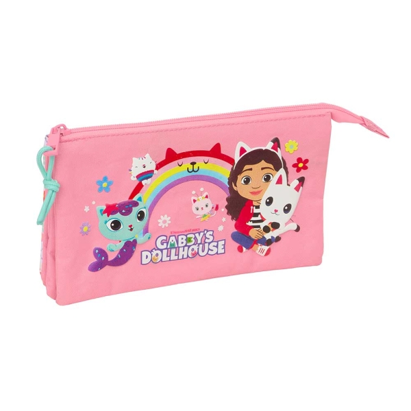 Safta Gabby's Dollhouse Portatodo - 3 Compartimentos con Cremallera - Bolsillo Interior Central - 22x12x3cm - Color Rosa