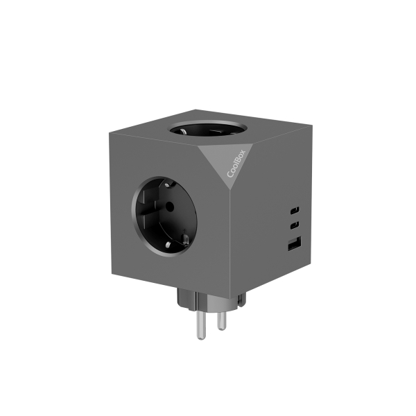 Coolbox Cubik Cubo Multienchufes con 3 Tomas + 2x USB-C 20W max. - 1x USB-A 15W max. - Color Gris