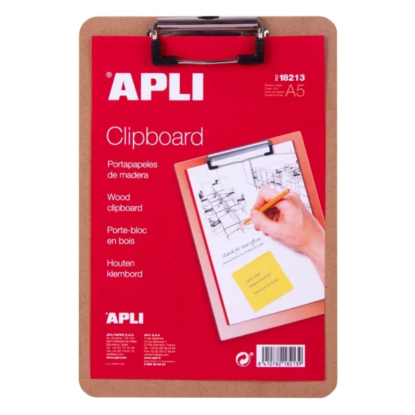 Apli Carpeta Portapapeles con Base de Madera y Pinza Metalica - Medidas 155x225mm - Formato A5