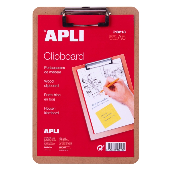 Apli Carpeta Portapapeles con Base de Madera y Pinza Metalica - Medidas 155x225mm - Formato A5