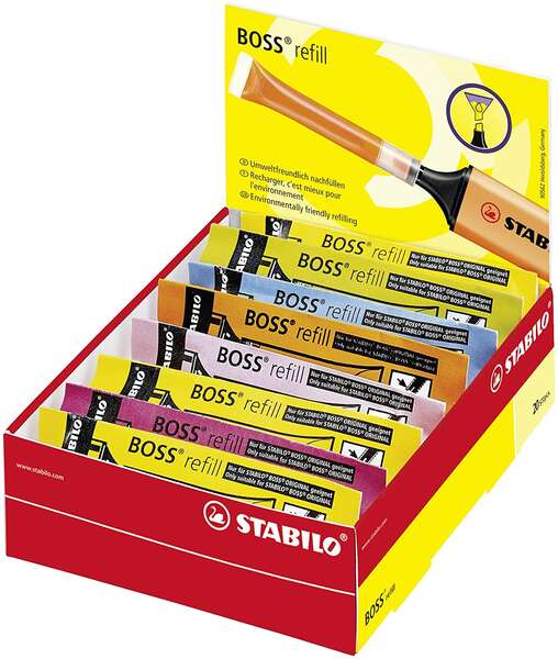 Stabilo Boss 70 Recarga de 3ml para Marcador Fluorescente - Tinta con Base de Agua - Colores Surtidos · Pack de 20 uds.