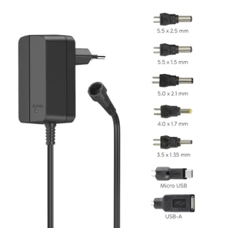 Hama Fuente de Alimentacion Multidispositivo - Potencia 12W - Indicador LED - 7 Adaptadores - Intensidad Maxima 1A - Voltaje Ajustable - Color Negro