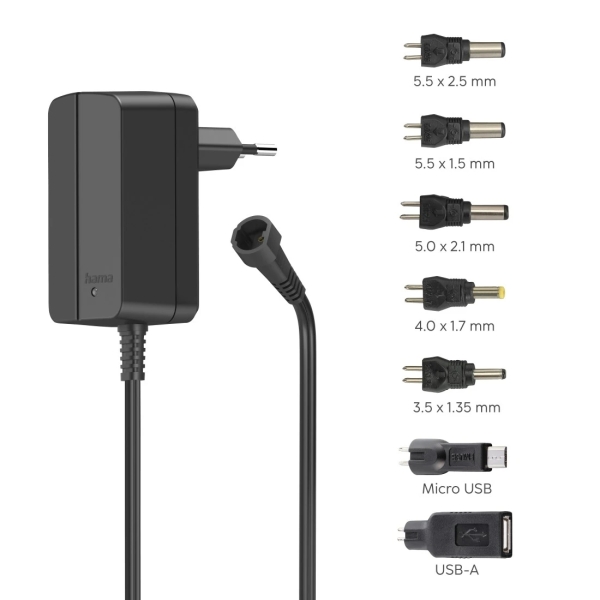 Hama Fuente de Alimentacion Multidispositivo - Potencia 12W - Indicador LED - 7 Adaptadores - Intensidad Maxima 1A - Voltaje Ajustable - Color Negro
