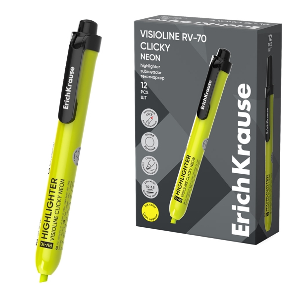 ErichKrause Visioline RV-70 Clicky Marcador Fluorescente - Retractil - Punta Biselada - Trazo de 1.0mm a 3.5mm - Color Amarillo · Pack de 12 uds.