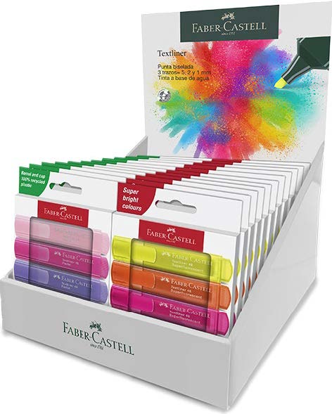 Faber-Castell Textliner 46 Expositor con 11 Packs de 4 Marcadores Neon y 11 Packs de 4 Marcadores Pastel - Punta Biselada - Trazo entre 1mm y 5mm - Tinta con Base de Agua - Colores Surtidos