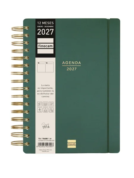 Finocam Haiku Agenda - Anual 2027 - 1 Dia por Pagina - Formato E10 - 155x212mm - Espiral Doble - Tapa Dura de Tacto Suave - Goma Elastica - Papel de 95g/m2 - Color Verde