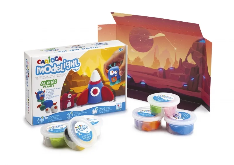 Carioca Modelight Maxiplaybox Aliens Pack de Pasta de Moldear - Super Ligera - Elastica - Maleable - sin Gluten - Se Seca al Aire - Incluye Herramientas y Escenario - Color Varios