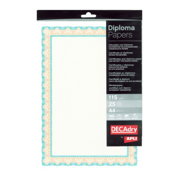 Apli Pack de 25 Hojas de Papel Certificado - Diseño de Concha - 115gr - Ideal para Certificados y Diplomas - Compatible con Impresoras Inkjet, Laser y Fotocopiadoras - Colores Surtidos