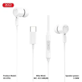 XO EP81 Auriculares Intrauditivos con Microfono - Conexion USB-C - Cable de 1.20m - Color Blanco
