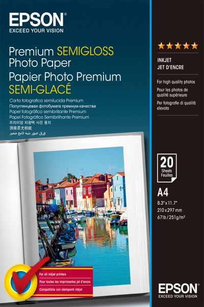 Epson Premium Semiglossy Photo Pack de 20 Hojas de Papel Fotografico - A4 - Gramaje de 251g/m2 - Acabado Semibrillante - Compatible con Impresoras Inkjet - Color Blanco