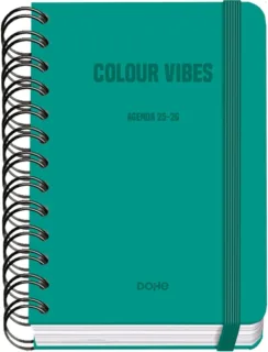 Dohe Colour Vibes Agenda Escolar 25/26 Espiral Wire’o A6 - Dia Pagina - Papel 80g/m2 - 4 Hojas de Pegatinas - Cubierta de Carton Plastificado - Cierre con Goma Elastica - Color Verde