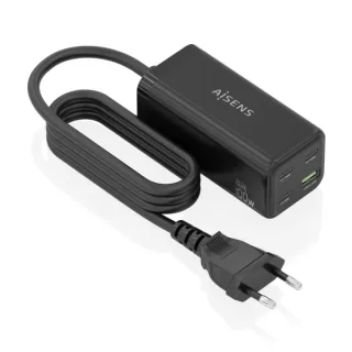 Aisens Cargador GAN 100W - 3xUSB-C PD3.0, QC4.0, QC5.0 - 1xUSB-A QC3.0 - Cable 1.4 Metros - Color Negro