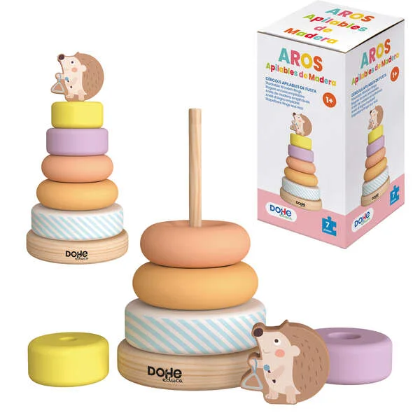 Dohe Juego Educativo de Aros Apilables de Madera Natural - Bordes Redondos - Varilla de Seguridad - Estimula la Coordinacion Ojo-Mano - Fomenta la Habilidad Manual - Aprende Jugando