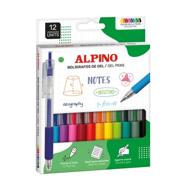 Alpino Line Gel Pack con 12 Boligrafos Retractiles de Tinta Gel - Punta 0.7mm - Grip de Agarre - Colores Surtidos