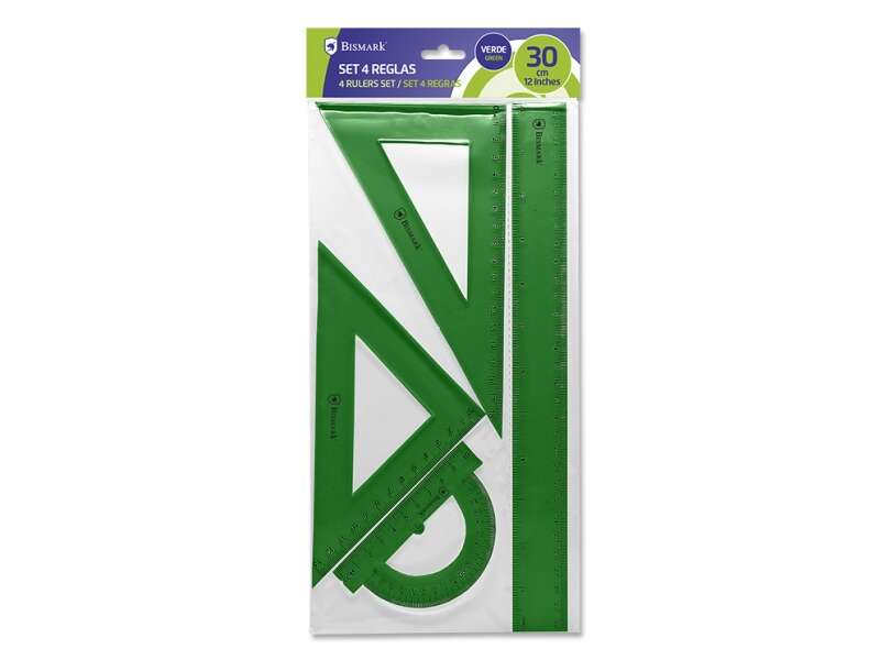 Bismark Pack de 4 Reglas de Alta Calidad - Incluye Regla 30cm, Escuadra 14cm, Cartabon 20cm y Transportador 13cm - Ideal para el Colegio - Color Verde