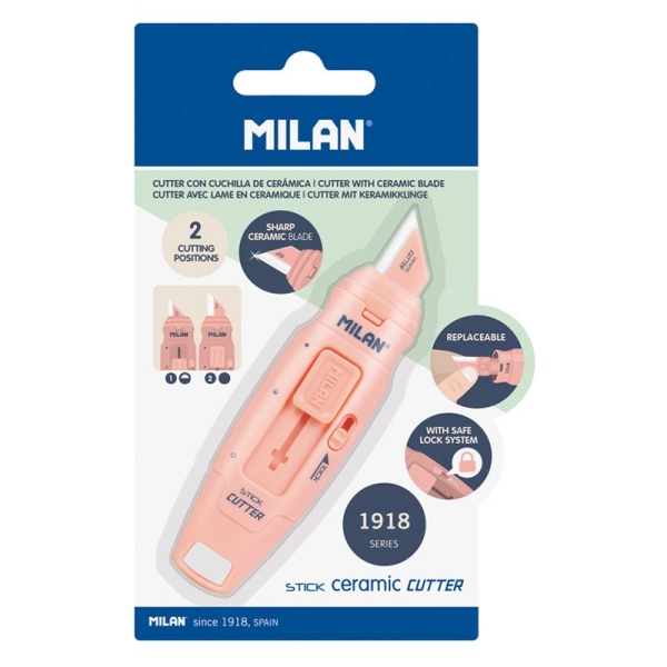 Milan Coleccion 430 Cutter de Hoja Ceramica Reemplazable - Cuchilla con Protector - Bloqueo de Seguridad - Color Rosa