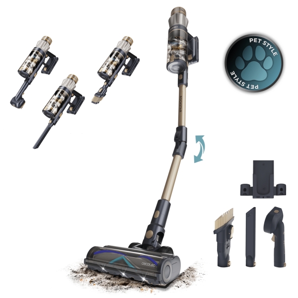 Cecotec Conga Rockstar RS90 Pet Flex Aspirador de Escoba Vertical - 600W - Autonomia hasta 65min - Succion 40kPa - Deposito de 500ml - Luz LED - Pantalla - Ideal para Mascotas - Color Bronce