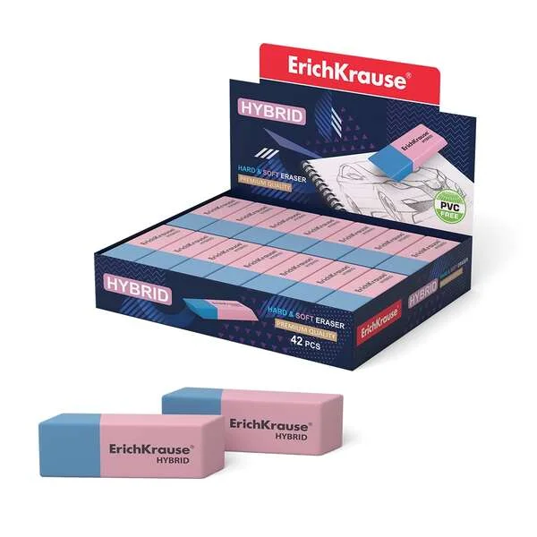 Erichkrause Hybrid Borrador de Doble Cara - Diferente Grado de Dureza - Caucho Termoplastico Hipoalergenico - Color Rosado y Azul · Pack de 42 uds.