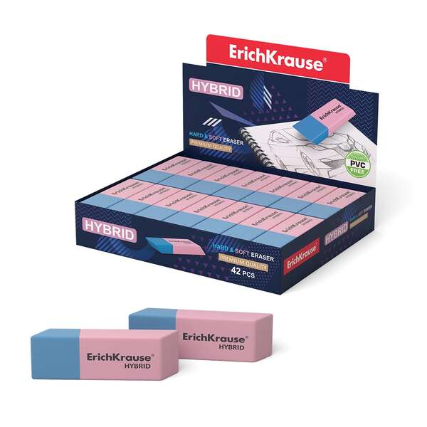 Erichkrause Hybrid Borrador de Doble Cara - Diferente Grado de Dureza - Caucho Termoplastico Hipoalergenico - Color Rosado y Azul · Pack de 42 uds.