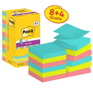 Post-It Super Sticky Pack de 12 Blocs de 90 Notas Adhesivas Reposicionables - Forma Cuadrada - 76x76mm - en Zig-Zag - Colores Surtidos