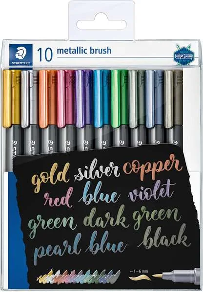 Staedtler Pack de 10 Rotuladores Permanentes - Punta Pincel - Trazo 1-6mm Aprox - Capuchon con Clip - Colores Metalicos Surtidos