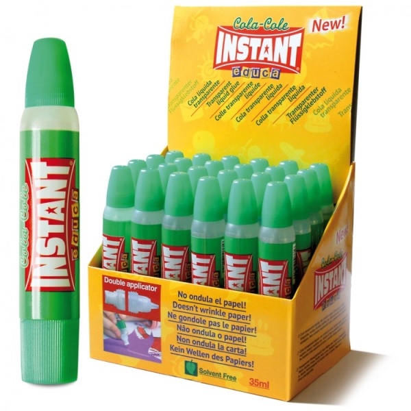 Instant Educa Pegamento Transparente 35ml - Doble Aplicador - A Base de Componentes Naturales - Sin Disolventes - Transparente · Pack de 24 uds.