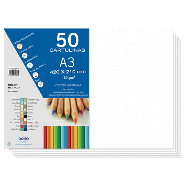 Dohe Pack de 50 Cartulinas A3 de 180gr - Con PH Neutro - Libres de Cloro Elemental - Color Blanco