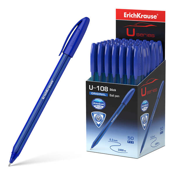 Erichkrause U-108 Boligrafo Clasico - Punta de Bola 1.0mm - Trazo de 0.3mm - Tapa Ventilada - Cuerpo Translucido y Tintado - Ultra Glide Technology - Color Azul · Pack de 50 uds.