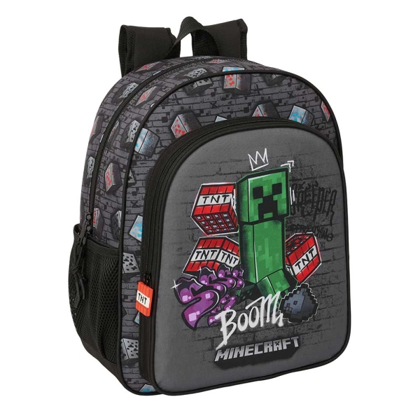 Safta Minecraft Graffiti Mochila - 15L - Adaptable a Carro - Bolsillo Frontal - Portabotellas - Cremallera con Doble Tirador - Asa de Mano - Hombreras y Espalda Acolchada - 32x38x12cm - Color Gris