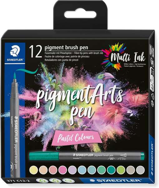 Staedtler 371 Pack de 12 Rotuladores Punta de Pincel Suave - Colores Vivos y Brillantes - No Amarillea con el Paso del Tiempo - Nueva Tinta Multi Ink - Pigmentos de Primera Calidad - Colores