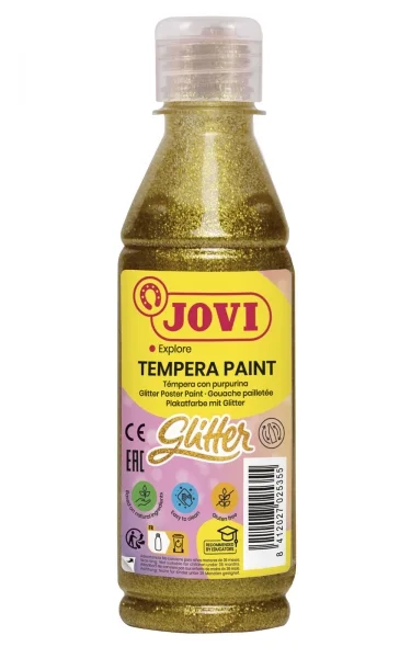 Jovi Glitter Tempera Liquida Base Agua 250ml - Particulas de Purpurina - Excelente Rendimiento - Secado Rapido - Fluidez Optima - Adherencia en Multiples Superficies - Color Oro