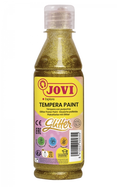 Jovi Glitter Tempera Liquida Base Agua 250ml - Particulas de Purpurina - Excelente Rendimiento - Secado Rapido - Fluidez Optima - Adherencia en Multiples Superficies - Color Oro