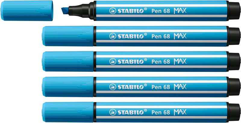 Stabilo Pen 68 MAX Rotulador - Punta de Fibra Biselada - Trazo entre 1-5mm aprox. - Tinta a Base de Agua - Color Azul Celeste · Pack de 5 uds.