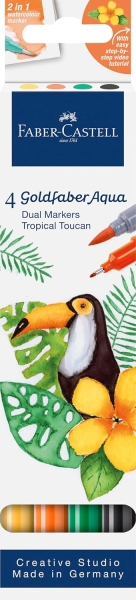 Faber-Castell Tropical Escapes Pack con 4 Rotuladores Goldfaber Doble Punta - Punta Pincel y Punta Fina 0.6mm- Solubles en Agua, Inodoros, Sin Acido y con PH Neutro - Colores Surtidos
