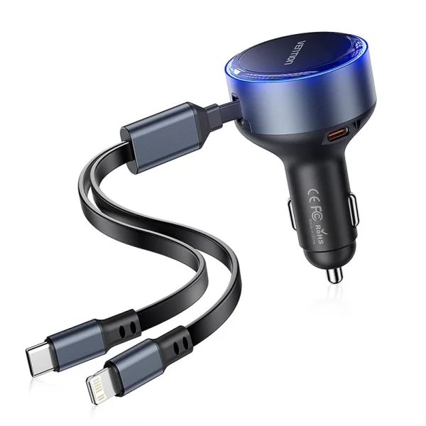 Vention Cargador de Coche 30W - USB-C Macho, USB-C Hembra, Lightning - Carga Rápida - Color Negro