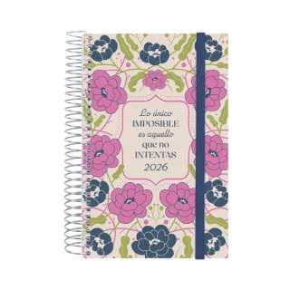 Finocam Design Collection Agenda de Espiral - Anual 2026 - Tapa Ligera - Formato E5 - 132x25x181mm - 1 Dia por Pagina - Tematica de Flores