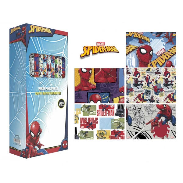 Safta Spider-Man Expositor con 50 Rollos de Papel Regalo - Medidas del Rollo 70x200cm - 5 Patrones Diferentes - 30.5x71x15.5cm - Colores Surtidos