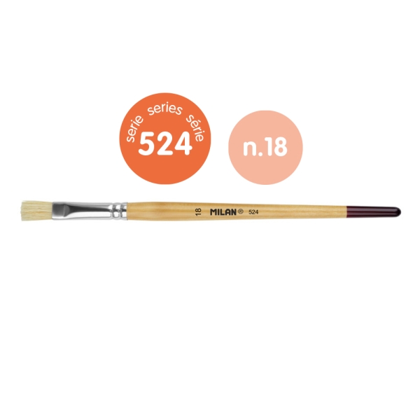 Milan 524 Pack de 4 Pinceles Planos Numero 18 - Bolsa con Colgador - Cerda Natural - Mango Corto - Color Madera Claro