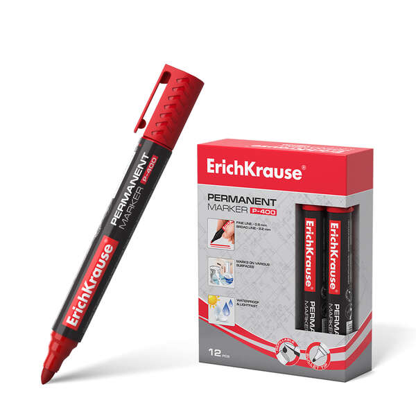 Erichkrause Marcador Permanente P-400 - Punta en Forma de Bala - Resistente a Multiples Superficies - Color Rojo · Pack de 12 uds.