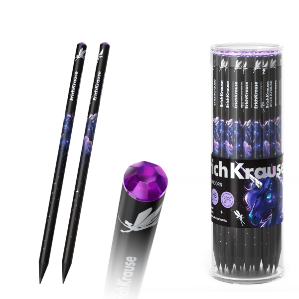 ErichKrause Black Unicorn Lapiz de Grafito - Mina HB - Cuerpo Redondo - Agarre Ergonomico - Colores Surtidos · Pack de 42 uds.