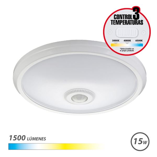 Elbat Aplique de Superficie LED 15W - 1500Lm - Selector 3 Temperaturas - Sensor de Luz Ambiental - Temporizador - Color Blanco · Pack de 10 uds.