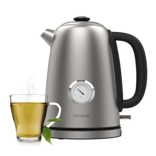 Cecotec Thermosense 620 Vintage Hervidor de Agua Electrico - Potencia de 2200W - Capacidad 1.7L - Acero Inoxidable - Termometro Analogico - Base Giratoria 360º - Apagado Automatico