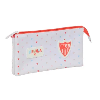 Safta Sevilla FC Preescolar Portatodo - 3 Compartimentos con Cremallera - Bolsillo Interior Central - 22x12x3cm - Color Blanco y Rojo