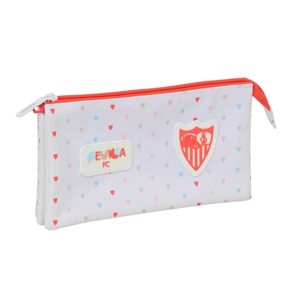 Safta Sevilla FC Preescolar Portatodo - 3 Compartimentos con Cremallera - Bolsillo Interior Central - 22x12x3cm - Color Blanco y Rojo