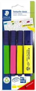 Staedtler Textsurfer Classic 364 Pack de 4 Marcadores Fluorescentes - Secado Rapido - Trazo 1 - 5mm Aprox - Colores Surtidos