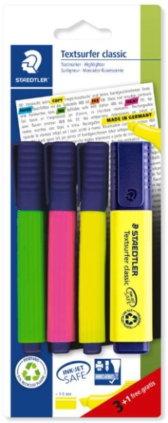 Staedtler Textsurfer Classic 364 Pack de 4 Marcadores Fluorescentes - Secado Rapido - Trazo 1 - 5mm Aprox - Colores Surtidos