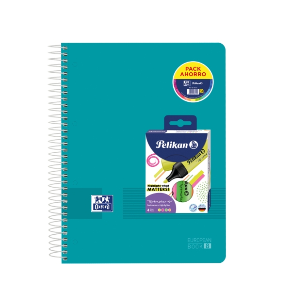 Oxford Europeanbook 8 Live & Go Pack de Cuaderno Espiral A4+ 160 Hojas Cuadricula 5x5 + 4 Marcadores Texmarker 490 Pelikan - 8 Bandas de Color - Tapa de Plastico Resistente - Colores Surtido
